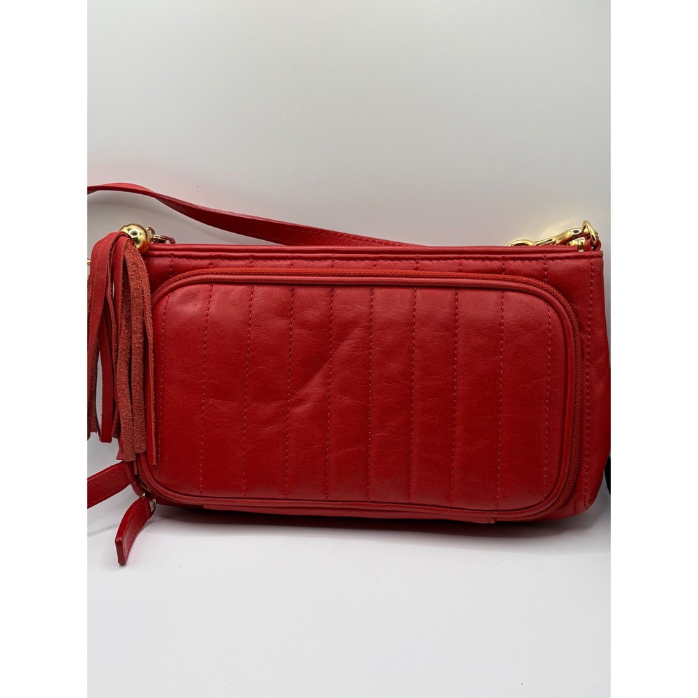 Levenger Red Quilted Leather Crossbody Bag Wallet Organizer Tassel Gold Hardware